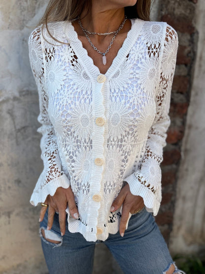 🏆Flash Sale⚡ 50K+ SOLD! Almost Gone-💥Cutout Embroidered V-Neck Button Long Sleeve Top,Best gifts
