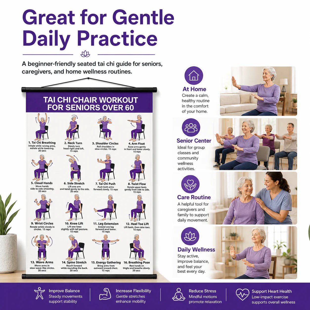 🔥 Healthy Aging Essential🧘Tai Chi Chair Workout Chart for Seniors
