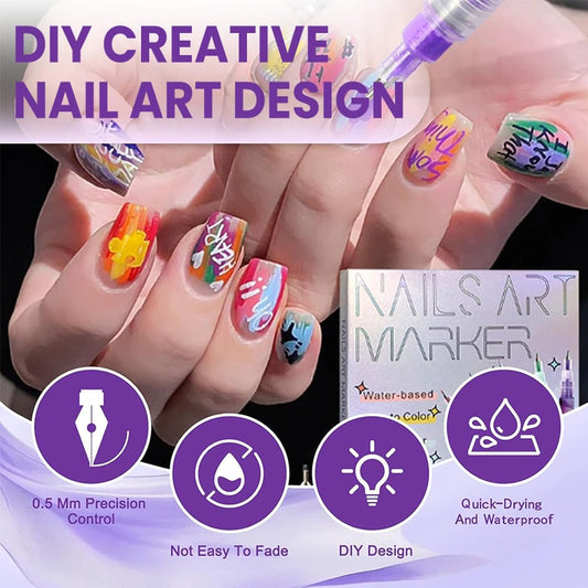💅12 Colors Nail Art Pens Set – Fine Tip, Water-Based, Quick Dry