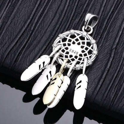 Sterling Silver Feather Dreamcatcher Pendant Necklace