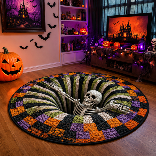 💀3D Skeleton Vortex Quilted Round Halloween Rug🎃