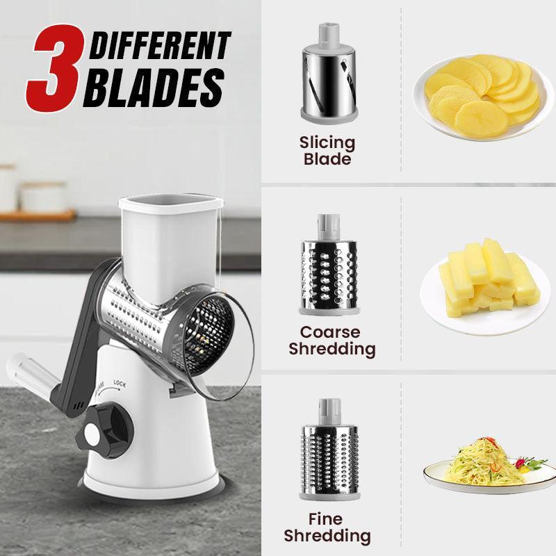 Manual rotary cheese grater with three interchangeable blades for slicing, coarse, and fine shredding, shown in a modern kitchen setting.