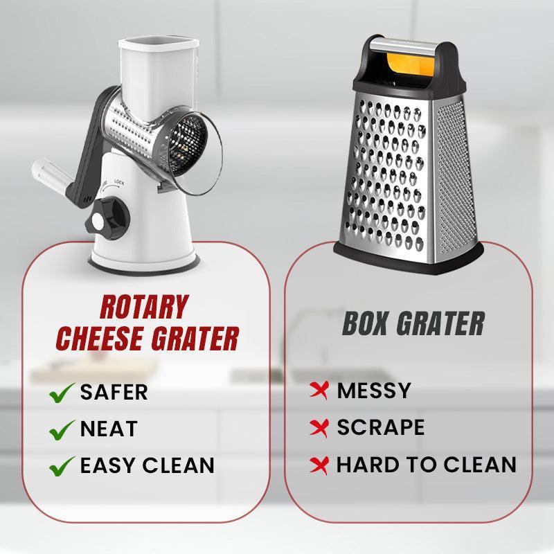 Side-by-side comparison of rotary cheese grater and box grater with pros and cons listed, kitchen background.
