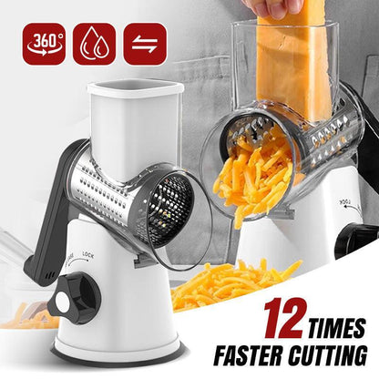 Rotary cheese grater kitchen tool shredding cheddar, promo text '12 times faster cutting'
