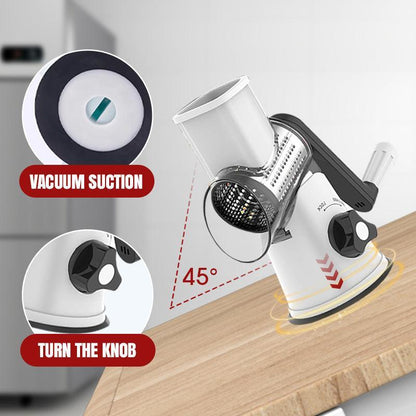 Manual rotary grater with vacuum suction base mounted on a kitchen counter, clarioy homeware.