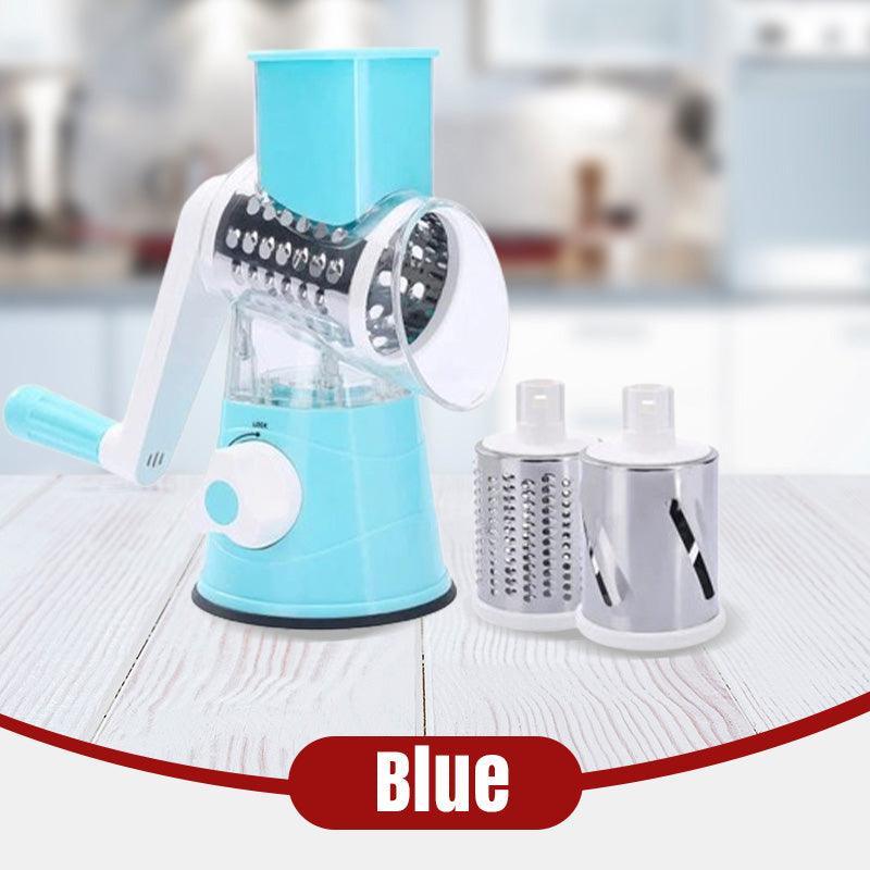 Blue rotary cheese grater with interchangeable stainless steel blades on a kitchen counter