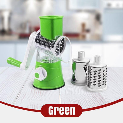 Green rotary grater with three stainless steel blades on kitchen counter, clarioy homeware tool
