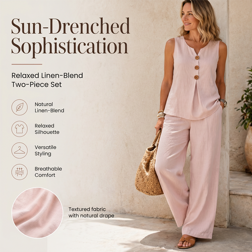 💚Elegant Linen Two-Piece Outfit – Button Vest & Loose-Fit Pants Set
