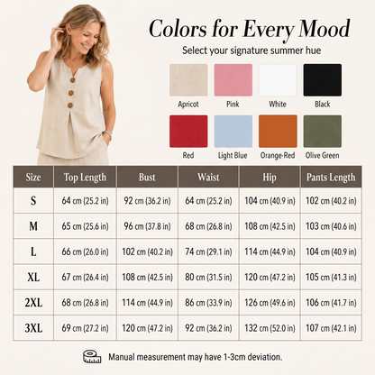 💚Elegant Linen Two-Piece Outfit – Button Vest & Loose-Fit Pants Set