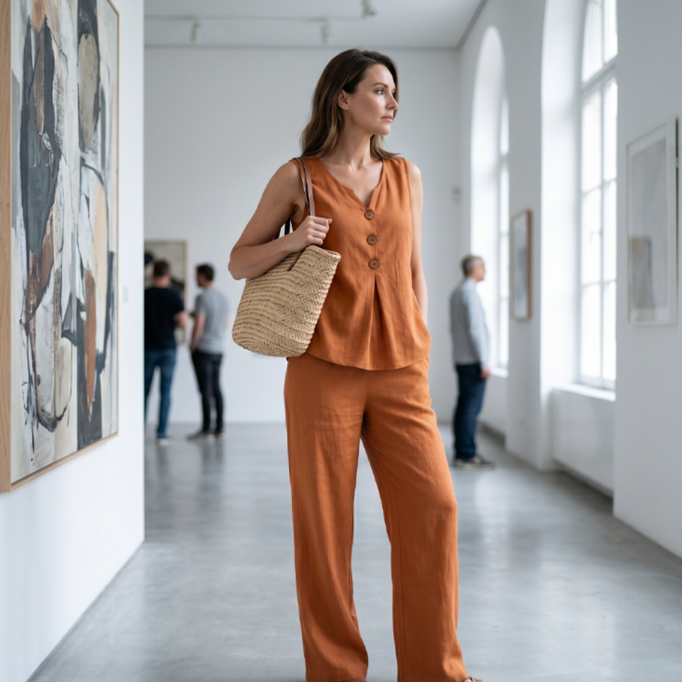 💚Elegant Linen Two-Piece Outfit – Button Vest & Loose-Fit Pants Set