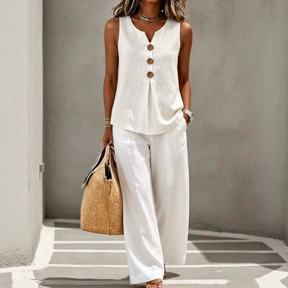 💚Elegant Linen Two-Piece Outfit – Button Vest & Loose-Fit Pants Set