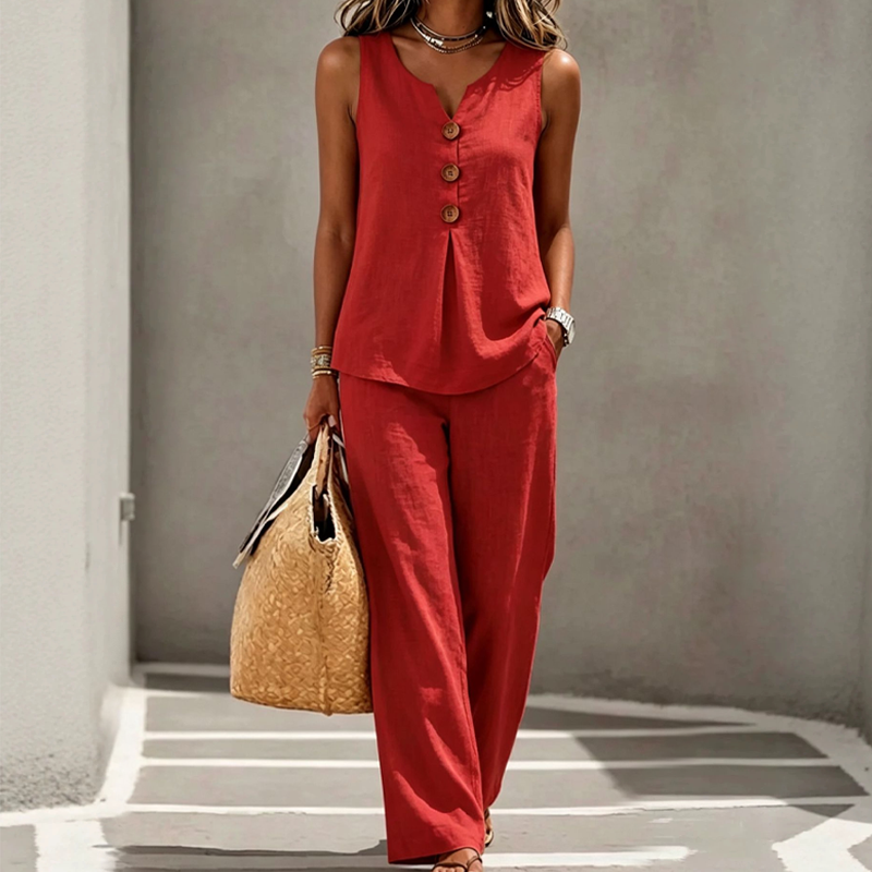 💚Elegant Linen Two-Piece Outfit – Button Vest & Loose-Fit Pants Set